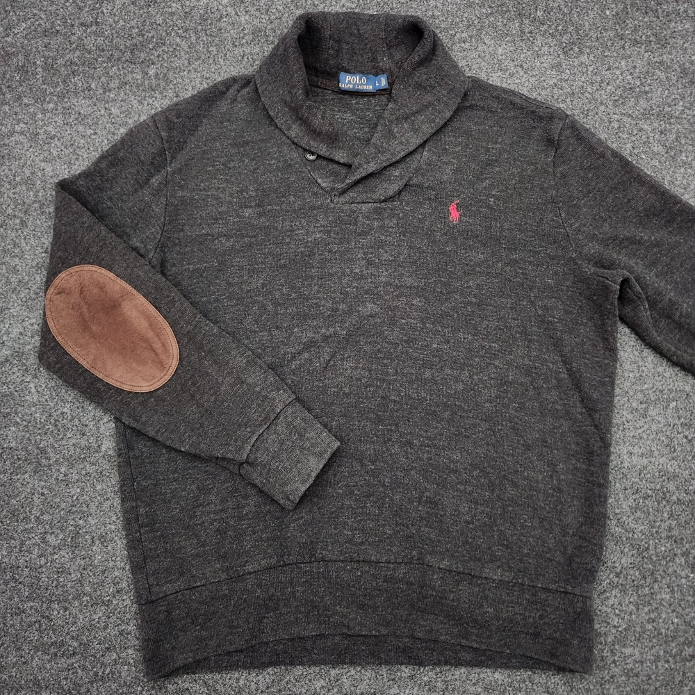 Polo Ralph Lauren Sweater Mens Large Gray Shawl Leather Elbow Patches Pullover